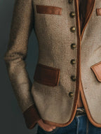 Women's vintage herringbone tweed leather-trim button-front jacket