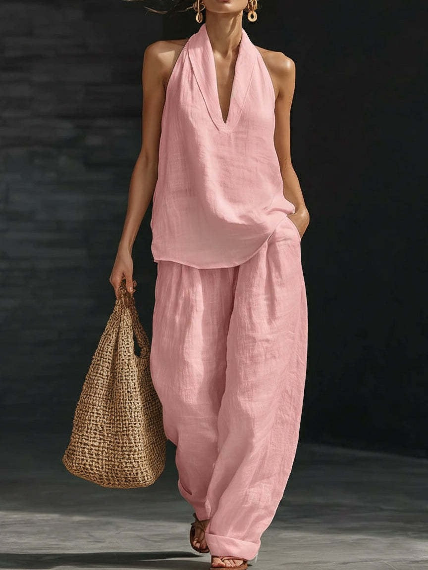 Conjunto Lila de blusa sem mangas com decote em V e calça de perna larga